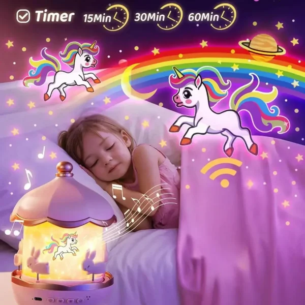 Veilleuse projecteur enfant avec enfant endormi, étoiles, lune et lumières colorées