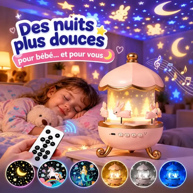 Veilleuse projecteur enfant avec musique, lumières colorées, rotation et télécommande