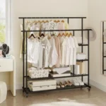 Porte-Vêtements en Métal avec Double Barre et Étagères de Rangement