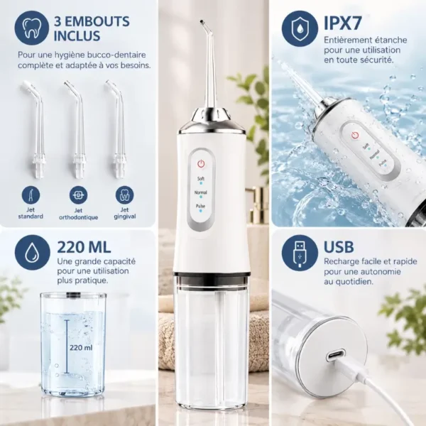Hydropulseur dentaire portable avec 4 embouts, réservoir 220 ml, étanchéité IPX7 et recharge USB
