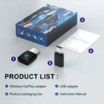 Adaptateur CarPlay sans fil 2-en-1 avec packaging et détails du produit