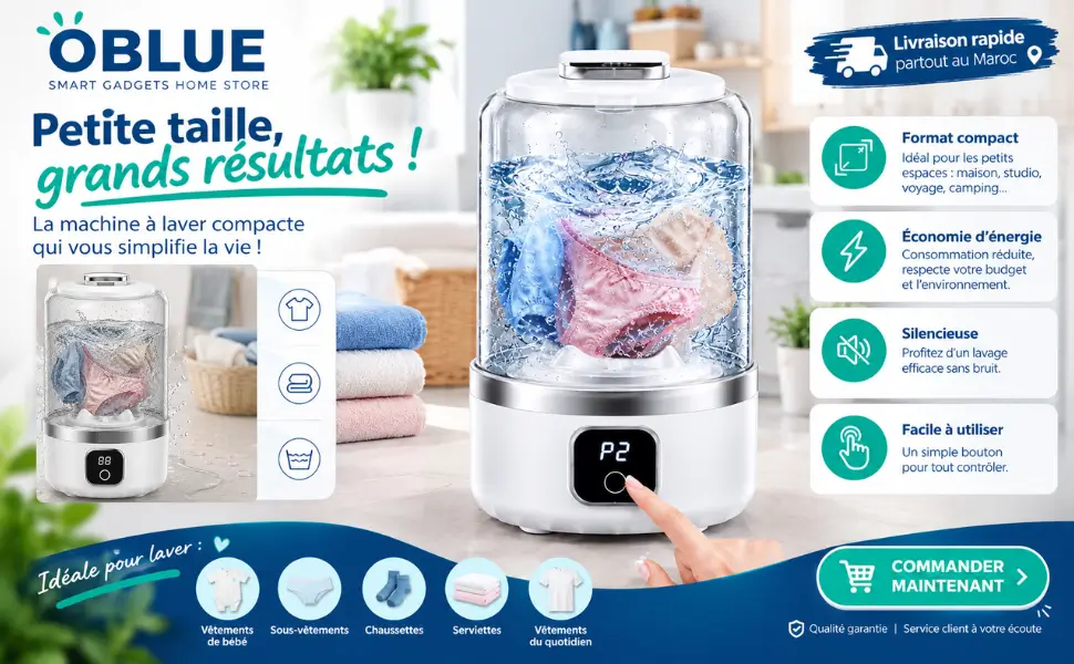 Mini machine à laver portable avec commandes tactiles et deux modes de lavage P1 et P2 Copier Alt Text