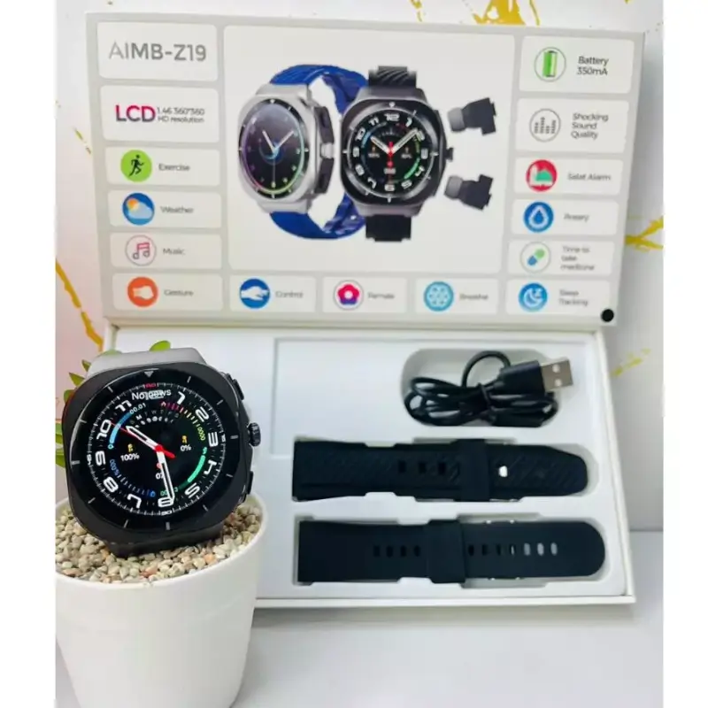 Montre Connectée 2-en-1 avec Écouteurs TWS – AIMB-Z19 Montre connectée 2-en-1 avec écouteurs TWS intégrés et packaging